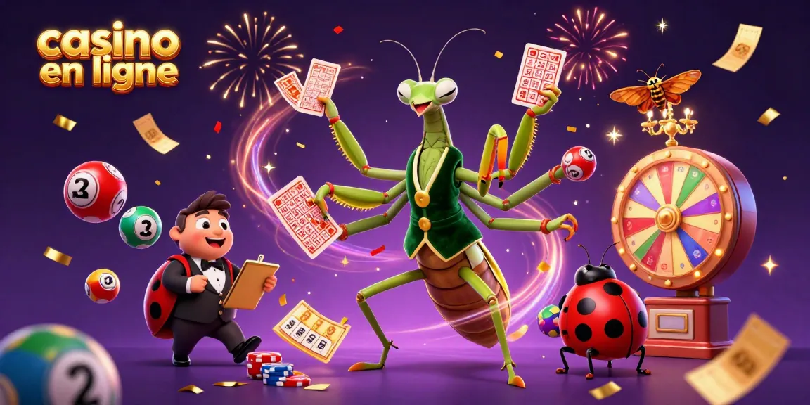 Jouer à casino en ligne avec un mante religieuse et un gérant coccinelle entouré de boules de loterie colorées.