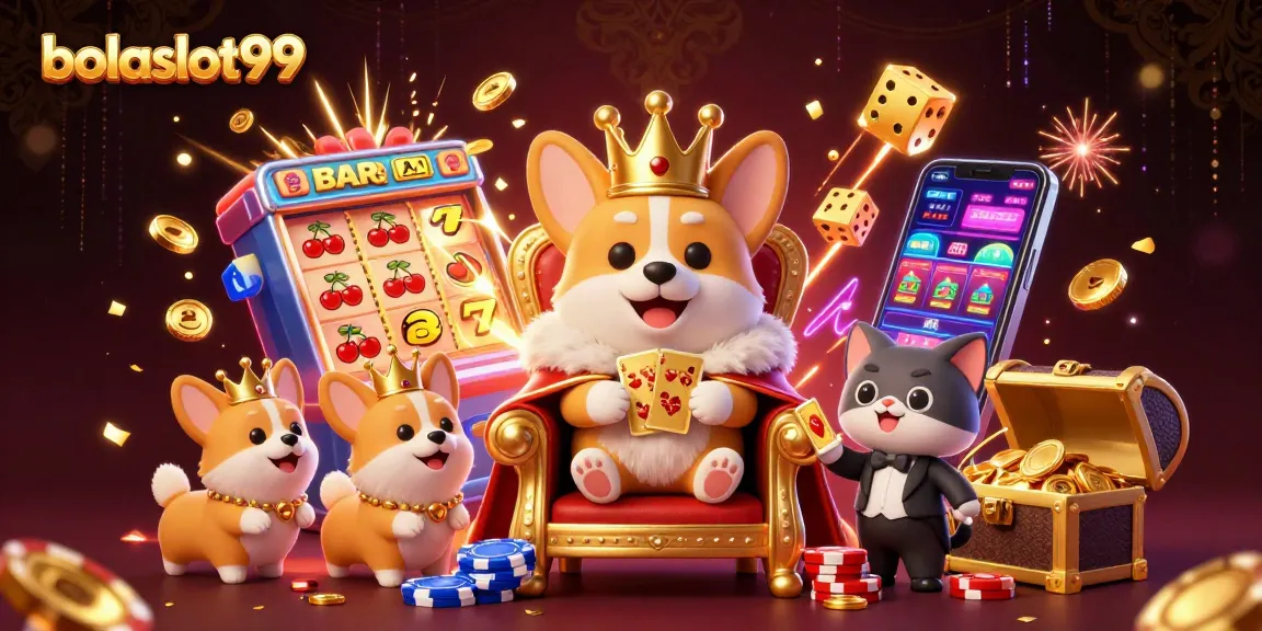 Experience vibrant gaming with bolaslot99, featuring royal corgi and exciting casino elements.