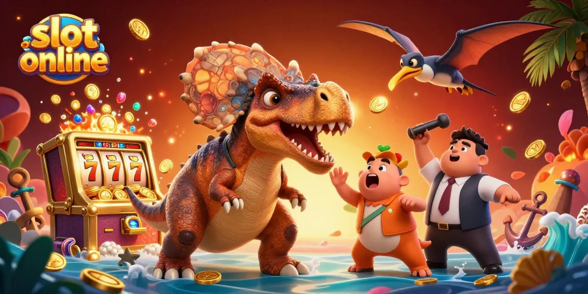Permainan slot online seru dengan mesin slot dan karakter dino beraksi di kasino.