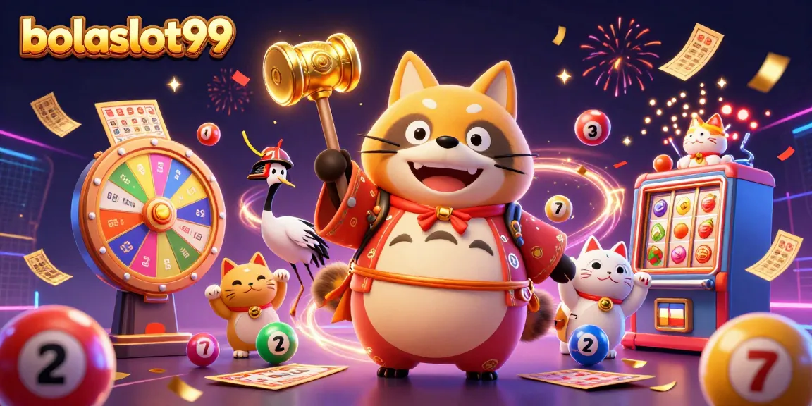 Engage with bolaslot99 as lucky tanuki and crane celebrate with vibrant gaming elements in a festive scene.