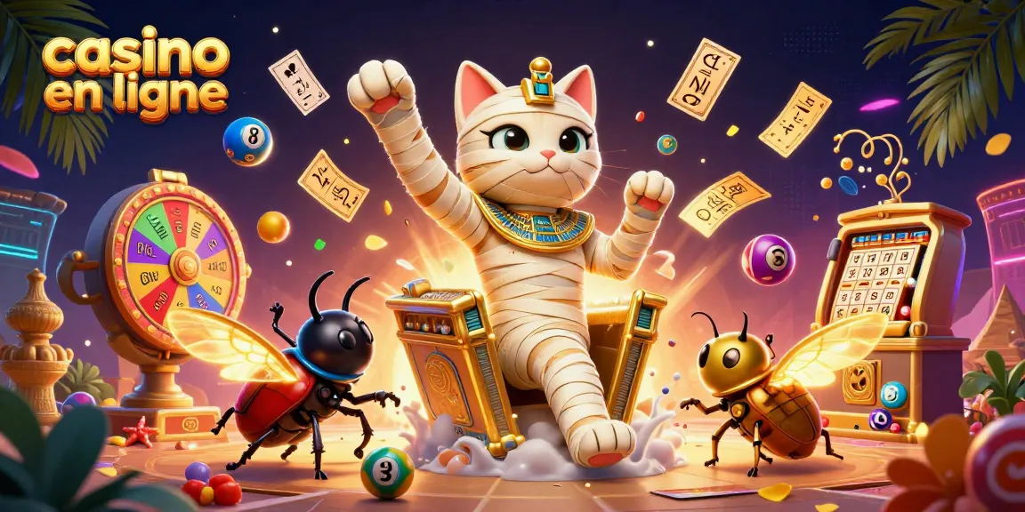 Venez découvrir le casino en ligne avec un chat momie égyptien et des éléments de jeu colorés.