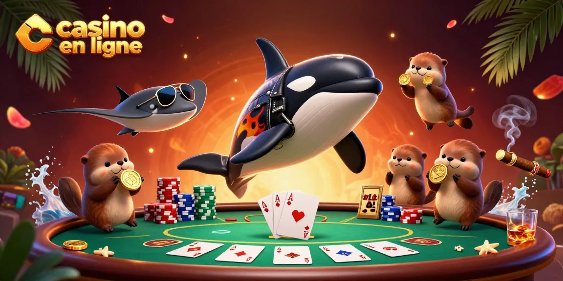 Image dynamique de personnages animés avec des éléments de casino en ligne et des pièces d'or.